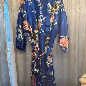 Dynasty Kimono Style Blue Floral Peacock lingerie Satin Robe
